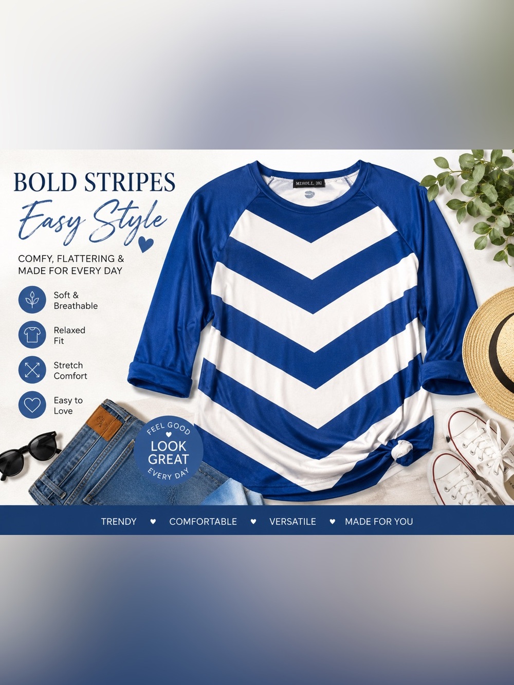 MIHOLL Blue & White Chevron Raglan Top – XXL